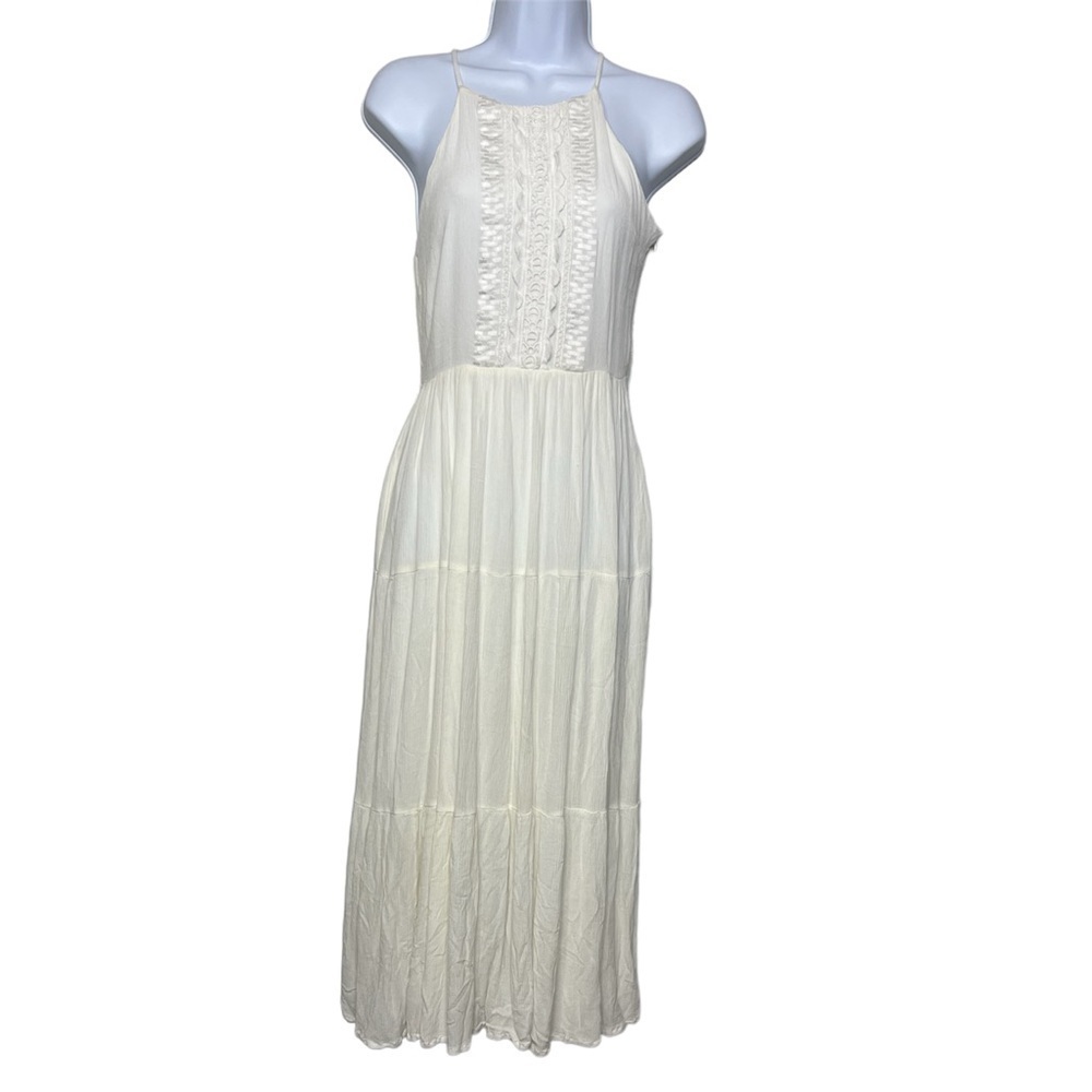 Lulu’s Cream Gauze Crochet Embroidered Halter Tiered Bohemian Maxi Dress